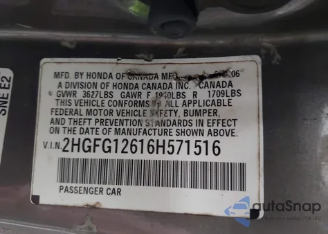 2006 Honda Civic Lx z USA, uszkodzony, nr VIN 2HGFG12616H571516